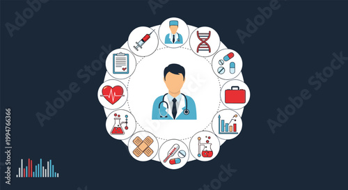 Professional doctor character surrounded by various medical and healthcare icons in a circular layout on a dark background.