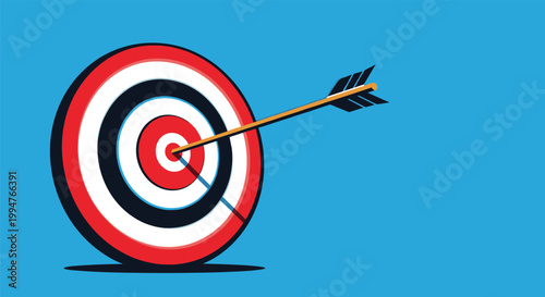 Single arrow hitting the exact center of a red and white target bullseye against a solid blue background representing success.