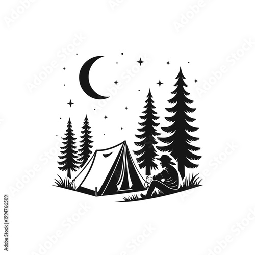 Black and white illustration of camper sitting under moonlight in wilderness, peaceful night camping scene