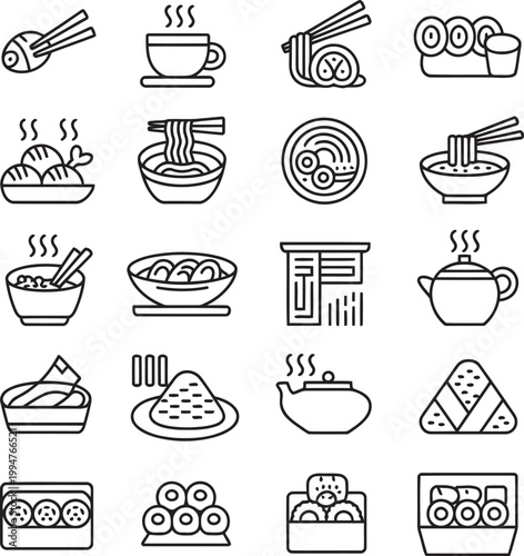 Asian food icons set with chopsticks