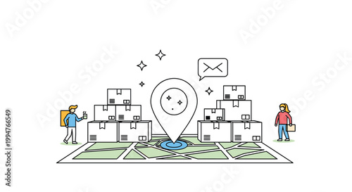 Logistics and delivery service concept showing map with large location pin surrounded by cardboard shipping boxes and staff.