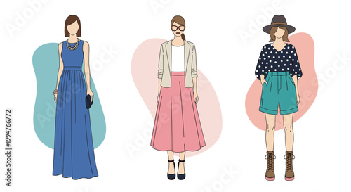 Fashion illustration of three women characters wearing different stylish outfits including dresses, skirts, and casual shorts.