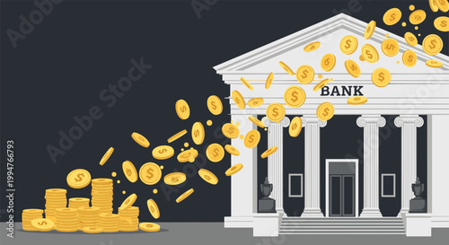 Financial investment and banking concept with gold coins flying from a large pile into a classic bank building exterior.