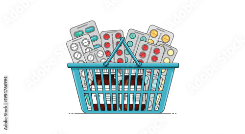 Blue plastic shopping basket overflowing with various blister packs of pills and bottles of liquid syrup medicine.
