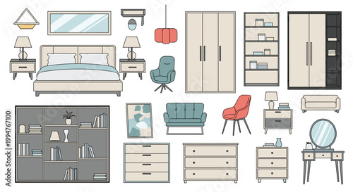 Set of modern furniture icons for interior design including bed, sofas, wardrobes, dressers, lamps, and bookshelves.