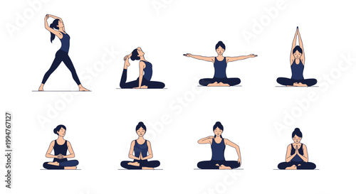 Set of eight yoga and meditation poses performed by a woman character for health, wellness, and flexibility training.