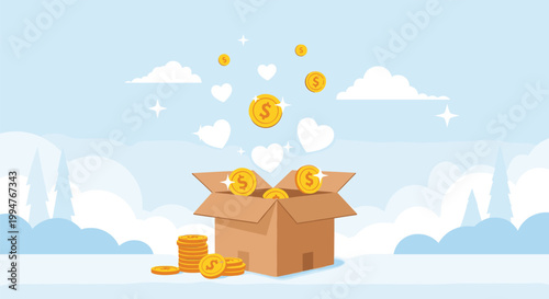 Charity and donation concept featuring gold coins and white hearts flying out of an open cardboard box in a snowy landscape.