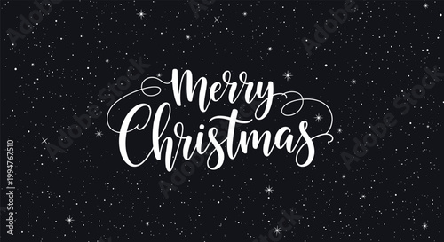 Festive Merry Christmas white calligraphy text on a dark black background filled with many bright shining stars.