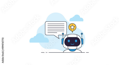 Friendly chatbot assistant illustration with a speech bubble and star icon representing helpful customer support service.