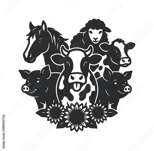 Farm animal vector illustration, black and white livestock group with cow horse pig and sheep, rustic agricultural logo design with sunflowers