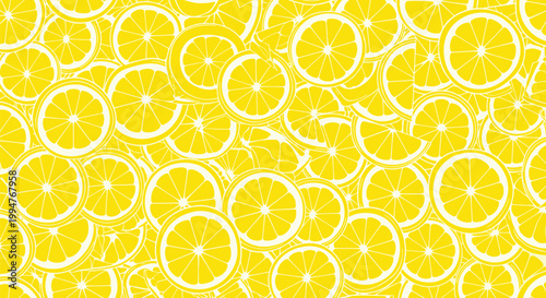 Bright and refreshing seamless pattern design consisting of numerous overlapping yellow lemon slices on a background.