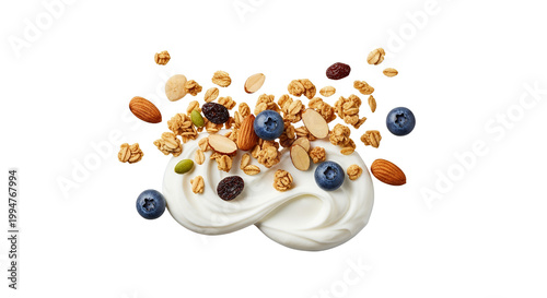 Fresh Greek Yogurt Swirl with Falling Granola Clusters, Blueberries, and Almonds Isolated on White Background