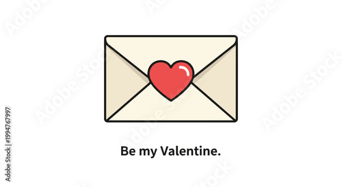 Romantic Valentine Day greeting card showing a cream colored envelope sealed with a vibrant red heart and loving text.