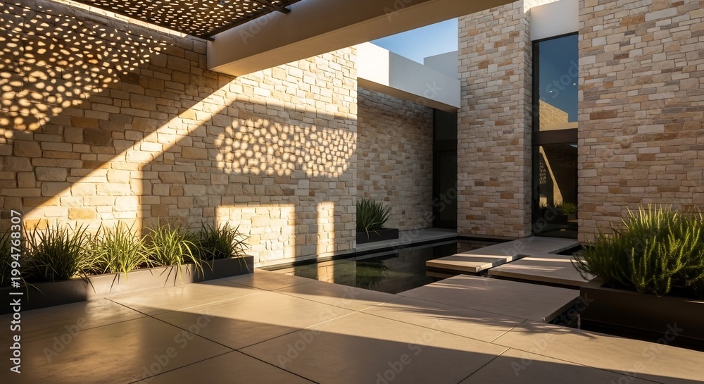 Fototapeta premium Modern Courtyard with Reflecting Pool and Stone Walls.