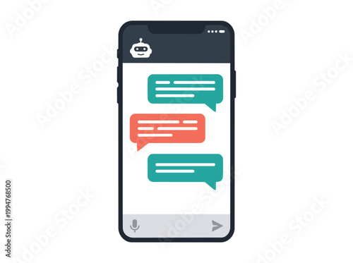 Modern smartphone displaying a conversational chatbot interface with text bubbles and a bot icon, symbolizing digital communication and customer service