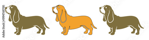 Basset hound dog vector set, flat cartoon dachshund and bloodhound breed illustrations, brown and orange puppy silhouettes for pet shop branding