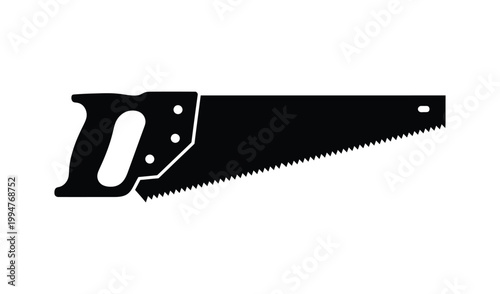 Black and white illustration of a hand saw with a sharp toothed blade and ergonomic handle, isolated on white background.