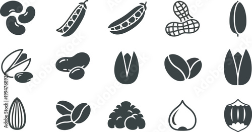 Nuts and legumes icons set including almond pistachio peanut and bean symbols for healthy food design