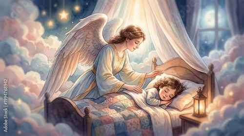 Guardian angel watching over sleeping child in bed, spiritual protective dream night scene watercolor illustration