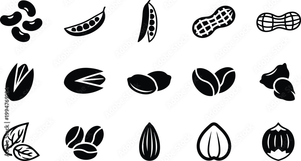 Fototapeta premium Set of diverse food icons including beans, peas, peanuts, coffee, almonds, pistachios, and hazelnuts
