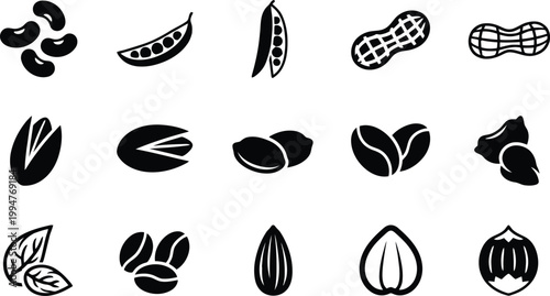 Set of diverse food icons including beans, peas, peanuts, coffee, almonds, pistachios, and hazelnuts