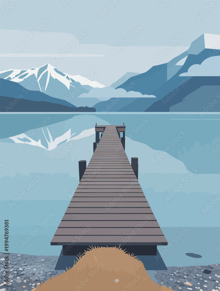 Fototapeta premium Serene Mountain Lake with Wooden Pier and Snowy Peaks