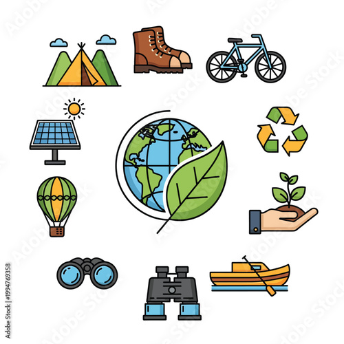 Eco tourism icons show sustainable travel and nature activities