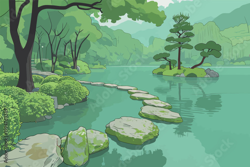 Japanese-style garden with stepping stones over a calm lake