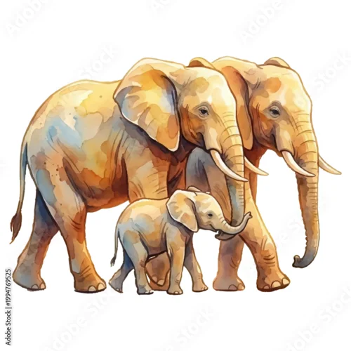 Obraz Emotional Elephant Family in Watercolor Splash with Warm Light and Soft Depth of Field