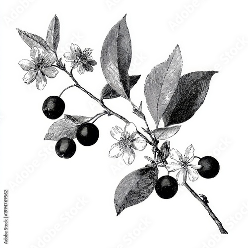 Black and white illustration of a cherry branch adorned with flowers and ripe fruits, showcasing fine, intricate detailing and a vintage artistic style.
