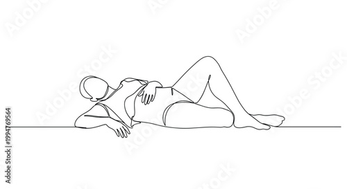 Relaxing woman lying down, continuous line drawing, minimalist art, peaceful pose
