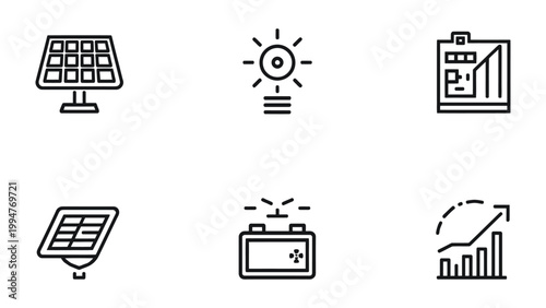 Solar Energy Icons: Collection of line icons representing solar energy, innovation, and sustainable power. Depicting a clean energy future.
