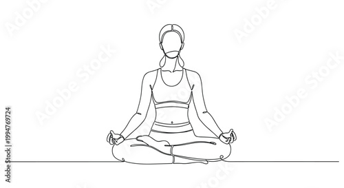 Woman Meditating in Lotus Pose, Minimalist Line Art, Yoga and Wellness
