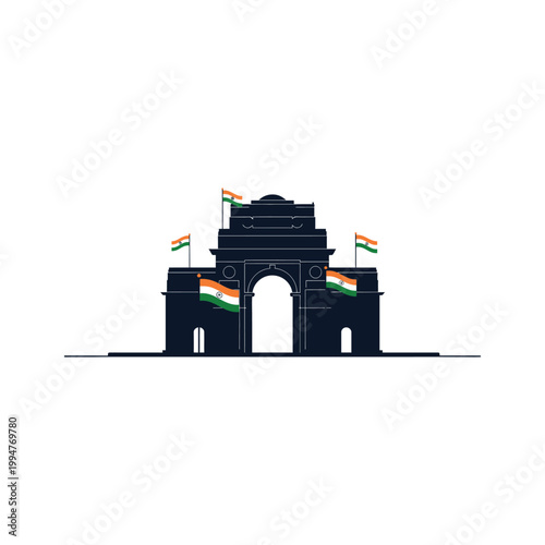 Monument with Indian flags waving on top and sides in illustration