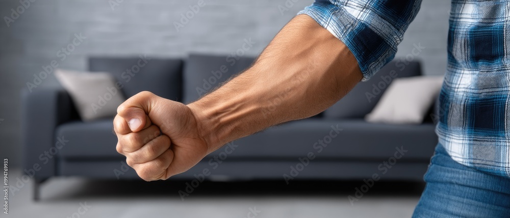 Naklejka premium Man with clenched fist shown in close up on right side while boy sits with face covered on gray sofa in bright room