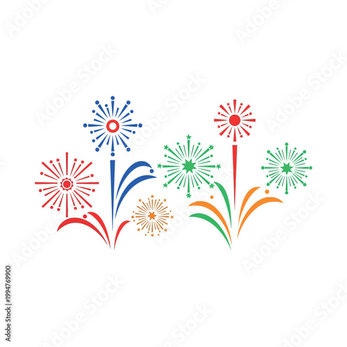 Colorful firework explosions in the night sky display vibrant patterns.