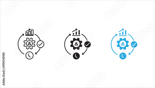 Modern line icon combining gear, user profile, analytics chart, and clock, representing workflow optimization, productivity, performance tracking, and business management systems.
