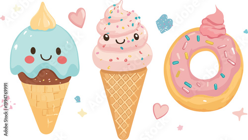 Delicious summer dessert set featuring cartoon vector illustrations of pink strawberry and vanilla ice cream cones with chocolate and cherry toppings