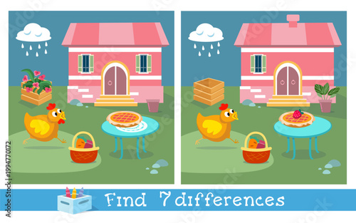 Find seven differences educational game for kids with chicken and house. Two similar vector pictures show funny hen running near pink cottage with pie on table. Fun logical puzzle helps children