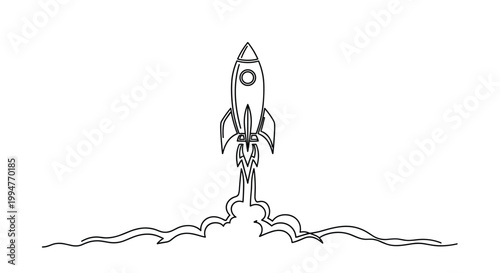 Rocket Launching, Minimalist Line Art, Space Exploration, Business Startup