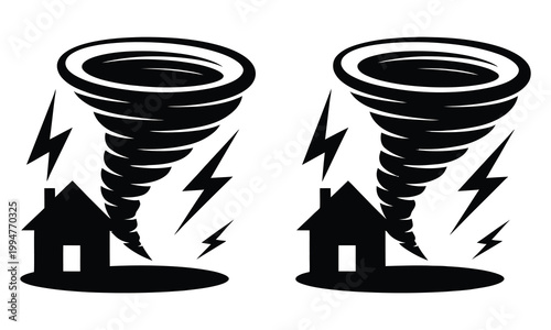 Tornadoes striking houses during a storm with lightning bolts