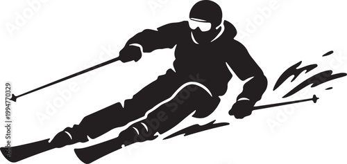 Clean black silhouette of skier carving turns down snowy slope
