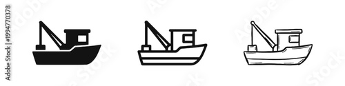 Fishing boat and trawler icon set, marine vessel symbol, maritime transportation vector illustration
