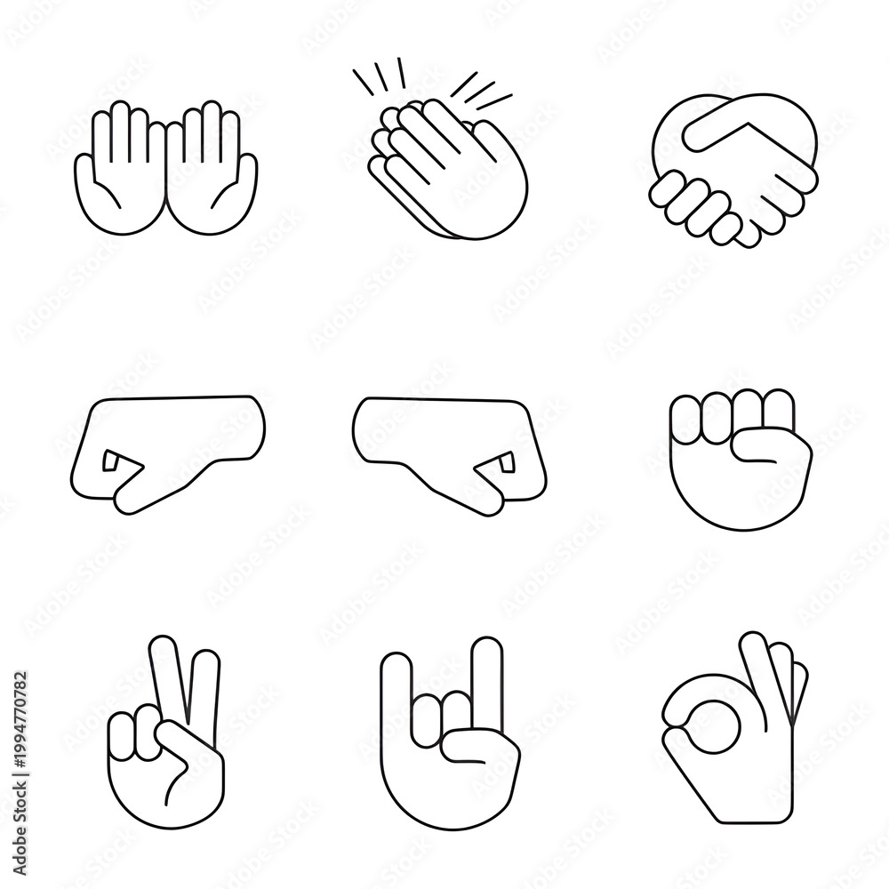 Fototapeta premium Hand gesture emojis linear icons set. Thin line contour symbols. Begging, applause, handshake, left and right fists, peace, rock, OK gesturing. Isolated vector outline illustrations. Editable stroke
