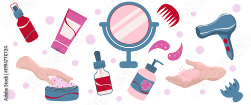 Comprehensive beauty clipart set of hair and skincare accessories including a hair dryer, mirror, cream tubes, and serums, ideal for salon branding, self-care blogs, and wellness graphics.