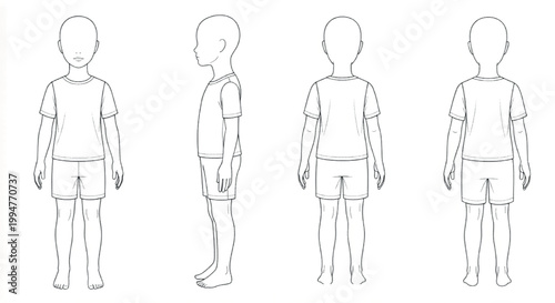 Minimalist child body template vector, front side and back view of a boy silhouette, technical fashion drawing for kids apparel design