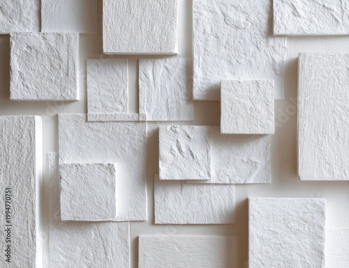 Textured white paper squares and rectangles arranged as a mosaic