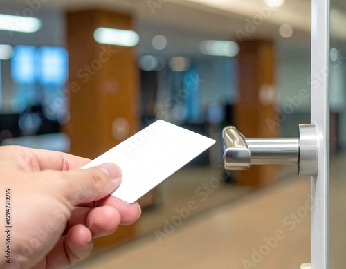 hand holding blank smart card to unlock electronic door reader, access control system, security clearance, facility entry, identity authentication