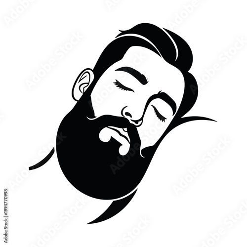 Sleeping bearded man resting on a pillow. Relaxation and bedtime concept. Black and white vector illustration