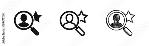 Candidate selection icon set showing magnifying glass over person with star in glyph, outline and sketch styles.